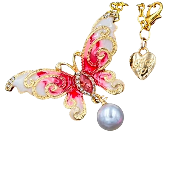 Gold plated pink and white crystal pearl butterfly necklace/brooch - Picture 8 of 12